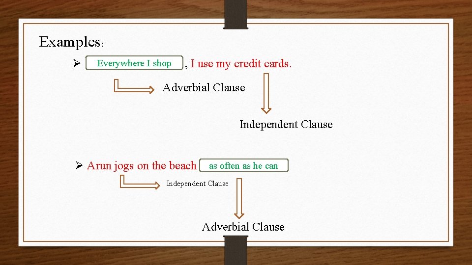 Examples: Ø Everywhere I shop , I use my credit cards. Adverbial Clause Independent