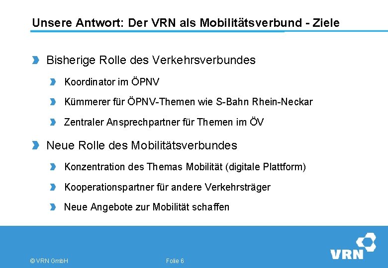 Unsere Antwort: Der VRN als Mobilitätsverbund - Ziele Bisherige Rolle des Verkehrsverbundes Koordinator im