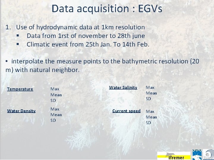 Data acquisition : EGVs 1. Use of hydrodynamic data at 1 km resolution §
