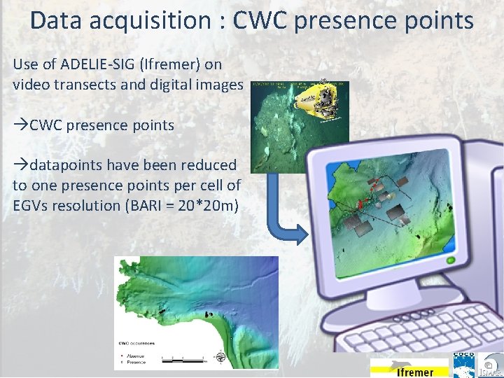 Data acquisition : CWC presence points Use of ADELIE-SIG (Ifremer) on video transects and