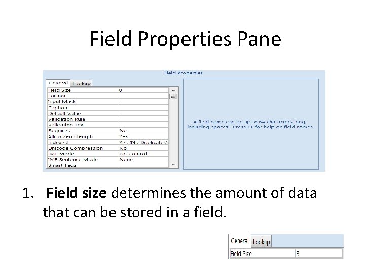 Field Properties Pane 1. Field size determines the amount of data that can be