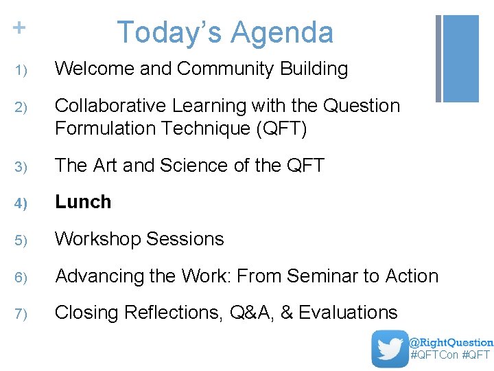 + Today’s Agenda 1) Welcome and Community Building 2) Collaborative Learning with the Question