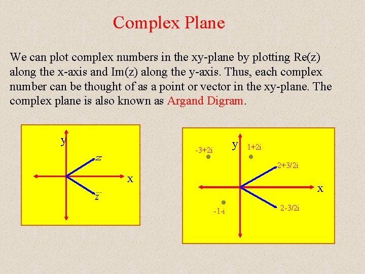 Complex Plane We can plot complex numbers in the xy-plane by plotting Re(z) along