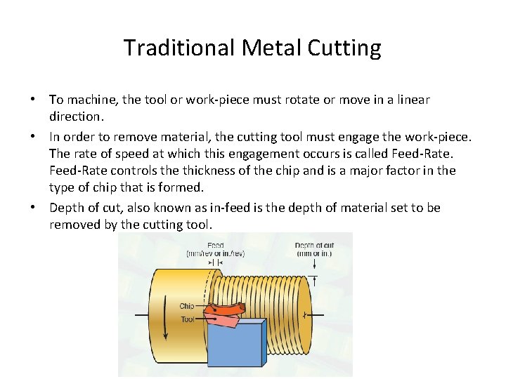 Traditional Metal Cutting • To machine, the tool or work-piece must rotate or move