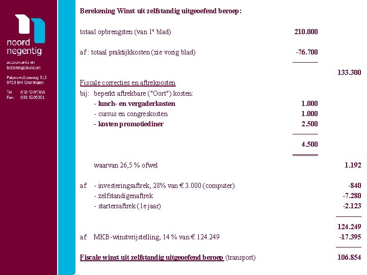 Berekening Winst uit zelfstandig uitgeoefend beroep: totaal opbrengsten (van 1 e blad) 210. 000