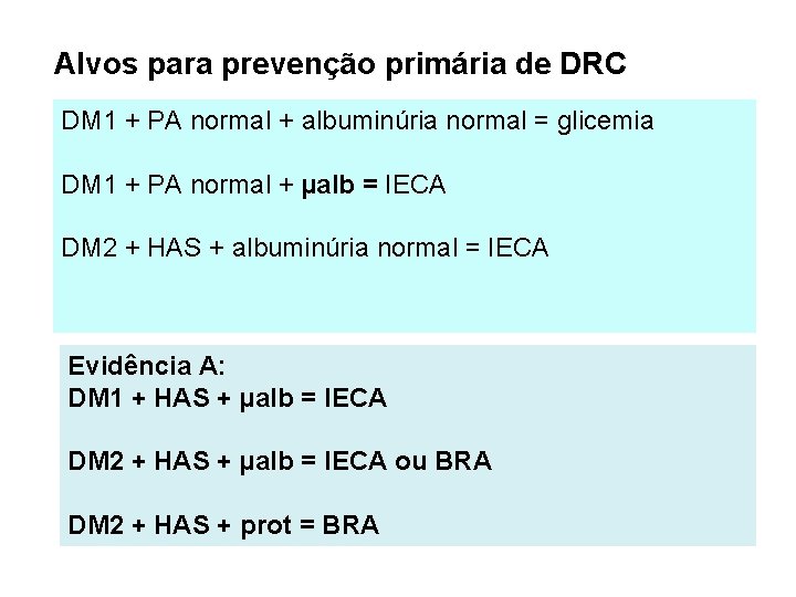 Alvos para prevenção primária de DRC DM 1 + PA normal + albuminúria normal