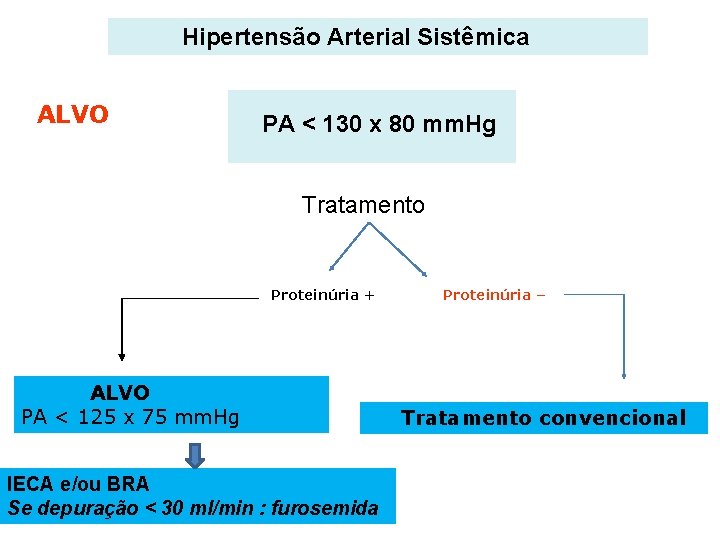 Hipertensão Arterial Sistêmica ALVO PA < 130 x 80 mm. Hg Tratamento Proteinúria +