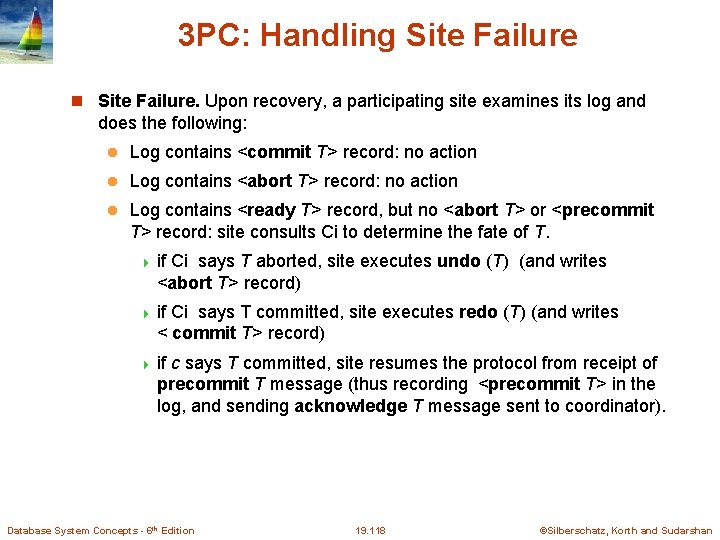 3 PC: Handling Site Failure. Upon recovery, a participating site examines its log and