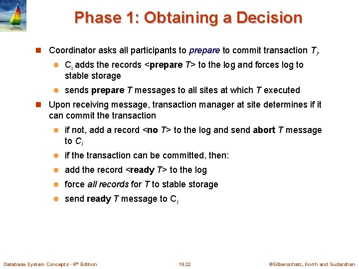 Phase 1: Obtaining a Decision Coordinator asks all participants to prepare to commit transaction