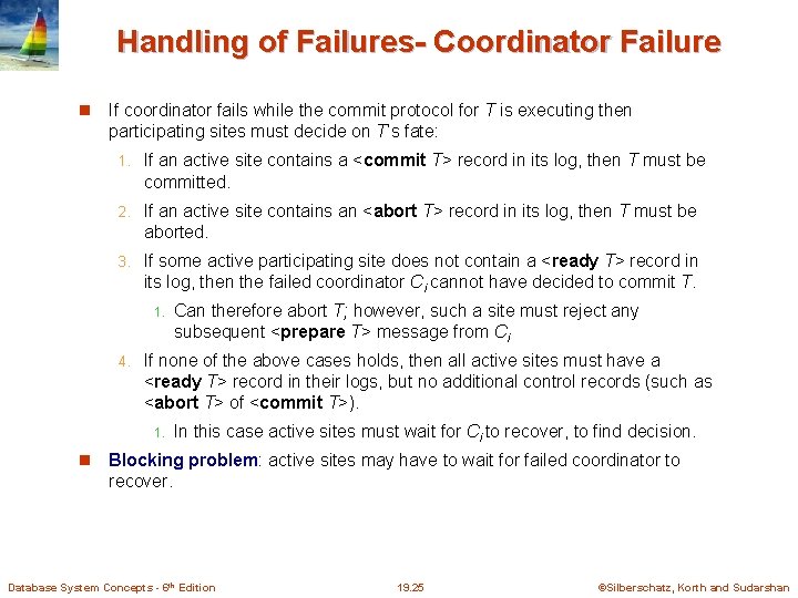 Handling of Failures- Coordinator Failure If coordinator fails while the commit protocol for T