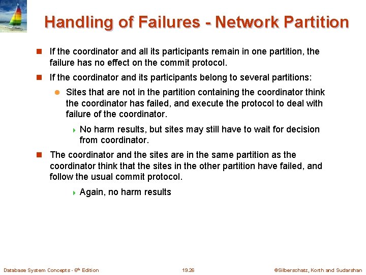 Handling of Failures - Network Partition If the coordinator and all its participants remain