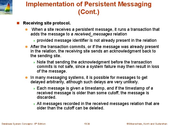 Implementation of Persistent Messaging (Cont. ) Receiving site protocol. When a site receives a