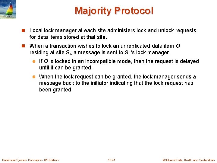 Majority Protocol Local lock manager at each site administers lock and unlock requests for