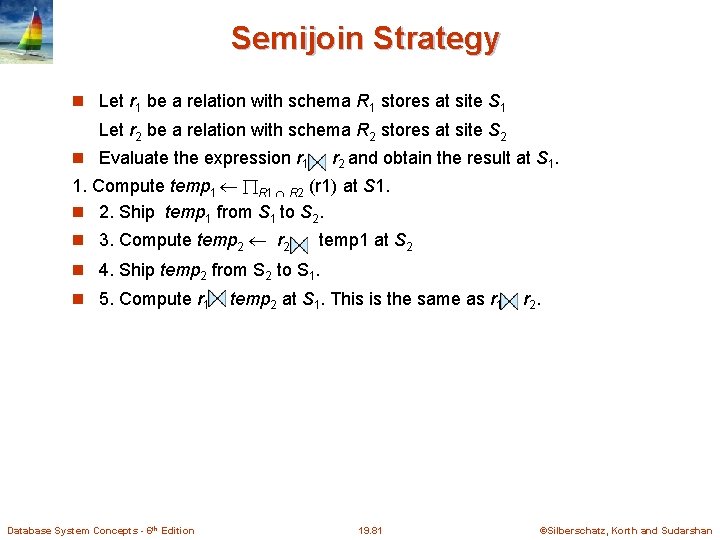 Semijoin Strategy Let r 1 be a relation with schema R 1 stores at