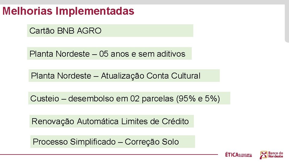 Melhorias Implementadas Cartão BNB AGRO Planta Nordeste – 05 anos e sem aditivos Planta