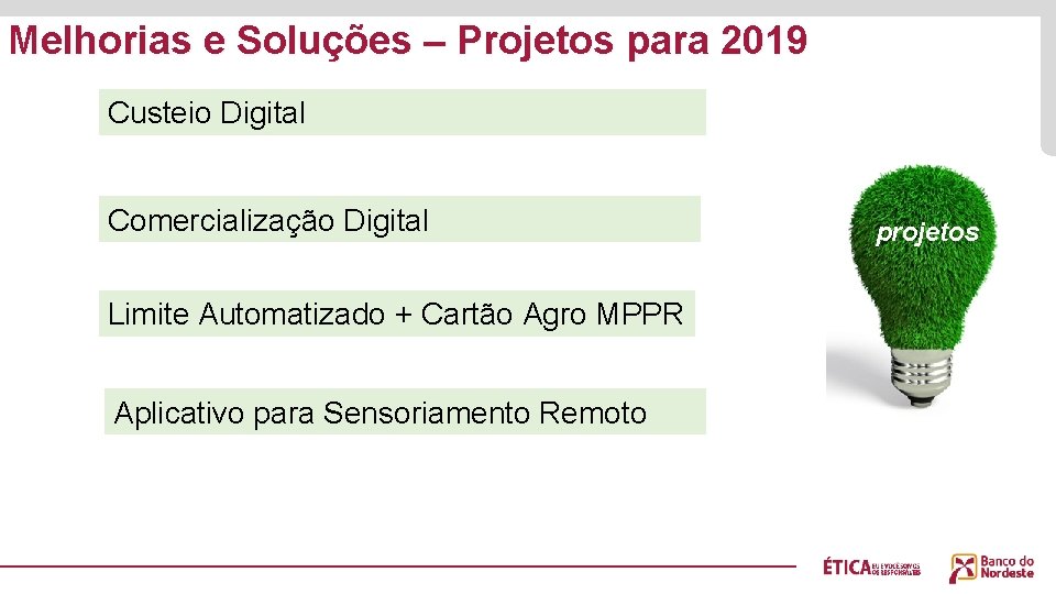 Melhorias e Soluções – Projetos para 2019 Custeio Digital Comercialização Digital Limite Automatizado +