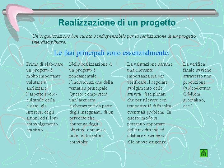 Realizzazione di un progetto Un’organizzazione ben curata è indispensabile per la realizzazione di un