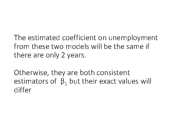 The estimated coefficient on unemployment from these two models will be the same if