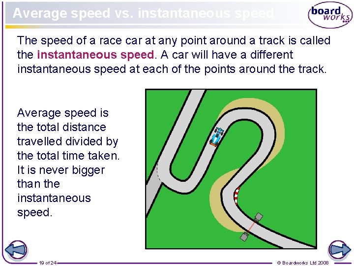 Average speed vs. instantaneous speed The speed of a race car at any point
