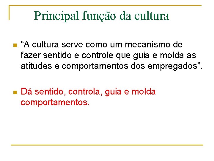 Principal função da cultura n “A cultura serve como um mecanismo de fazer sentido