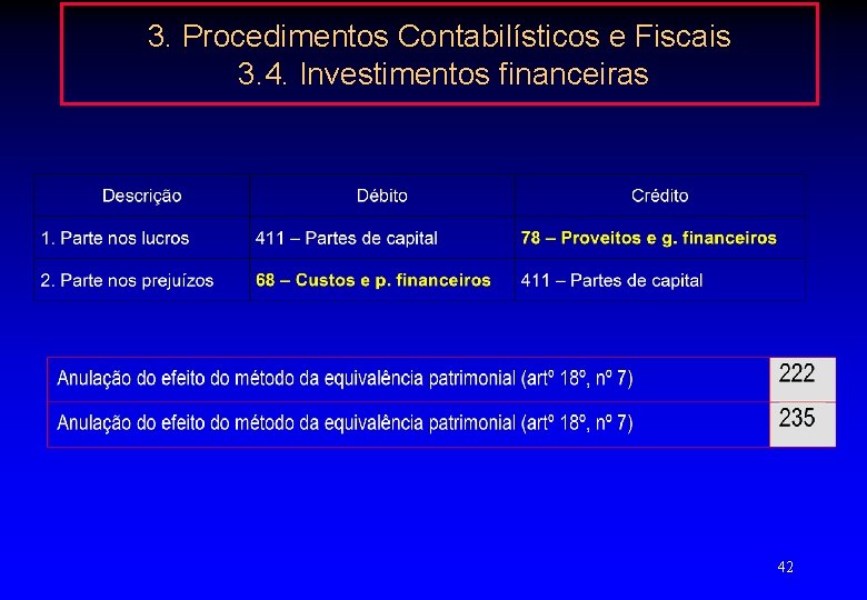 3. Procedimentos Contabilísticos e Fiscais 3. 4. Investimentos financeiras 42 