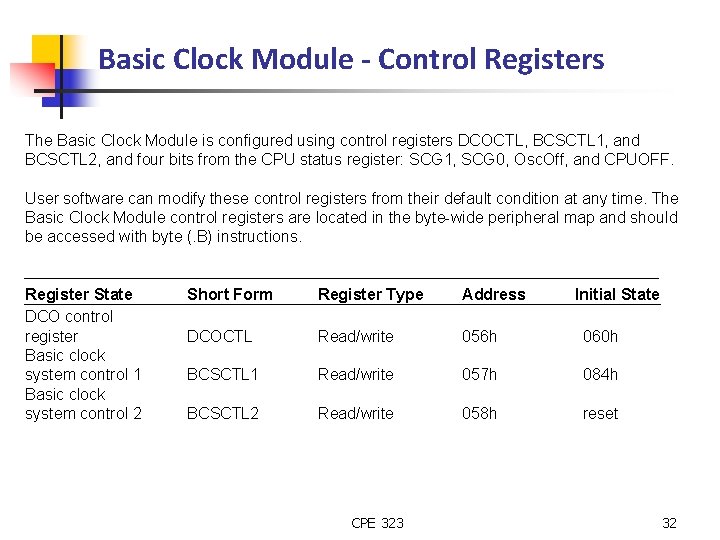 Basic Clock Module - Control Registers The Basic Clock Module is configured using control