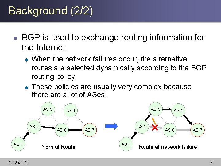 Background (2/2) n BGP is used to exchange routing information for the Internet. When