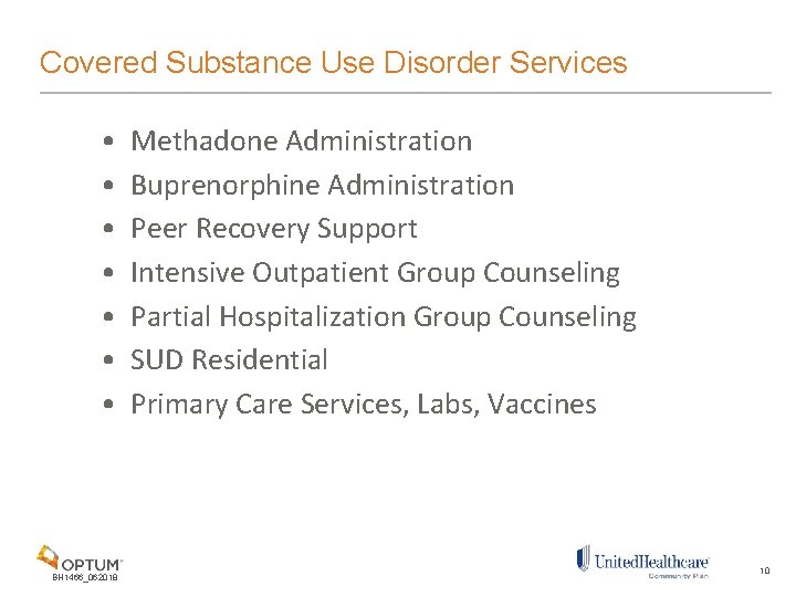 Covered Substance Use Disorder Services • • BH 1466_062018 Methadone Administration Buprenorphine Administration Peer