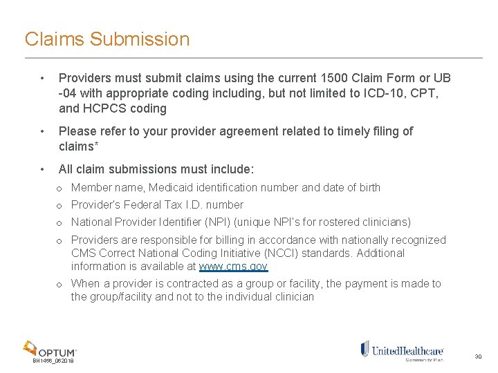 Claims Submission • Providers must submit claims using the current 1500 Claim Form or