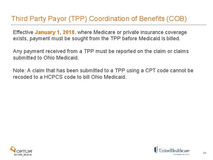 Third Party Payor (TPP) Coordination of Benefits (COB) Effective January 1, 2018, where Medicare