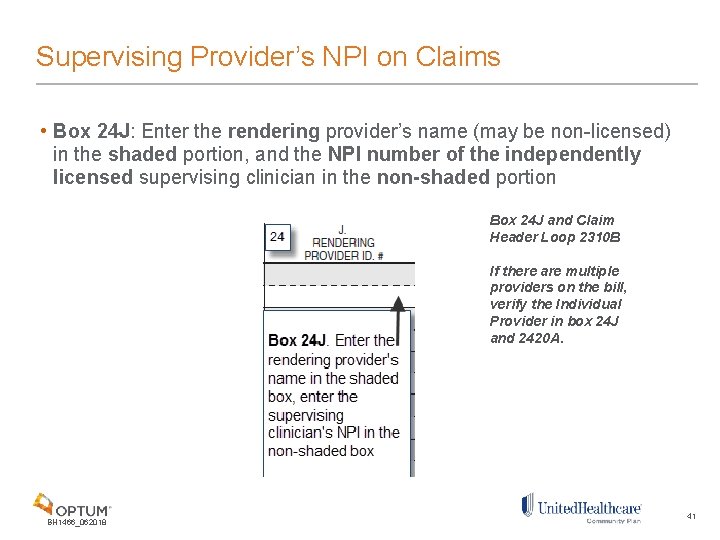 Supervising Provider’s NPI on Claims • Box 24 J: Enter the rendering provider’s name