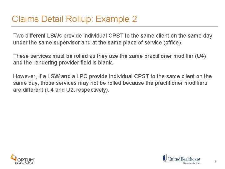 Claims Detail Rollup: Example 2 Two different LSWs provide individual CPST to the same