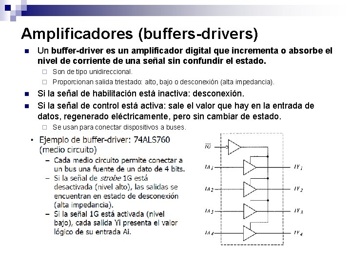 Amplificadores (buffers-drivers) n Un buffer-driver es un amplificador digital que incrementa o absorbe el