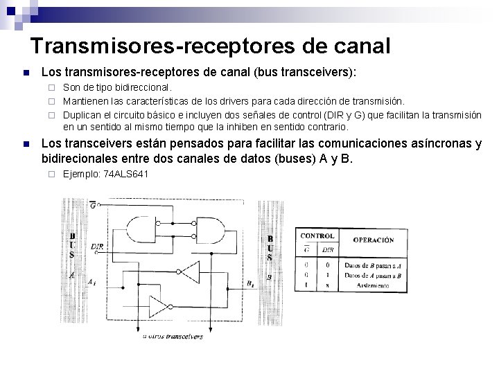 Transmisores-receptores de canal n Los transmisores-receptores de canal (bus transceivers): Son de tipo bidireccional.