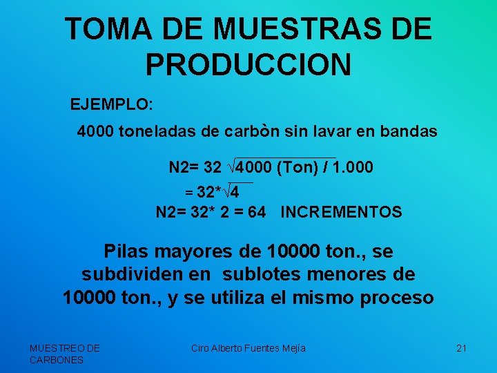 TOMA DE MUESTRAS DE PRODUCCION EJEMPLO: 4000 toneladas de carbòn sin lavar en bandas