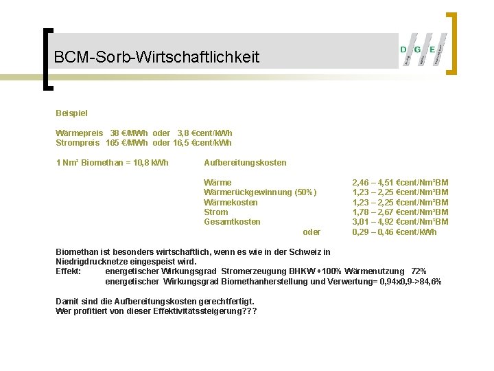 BCM-Sorb-Wirtschaftlichkeit Beispiel Wärmepreis 38 €/MWh oder 3, 8 €cent/k. Wh Strompreis 165 €/MWh oder