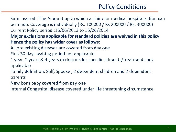 Policy Conditions Sum Insured : The Amount up to which a claim for medical