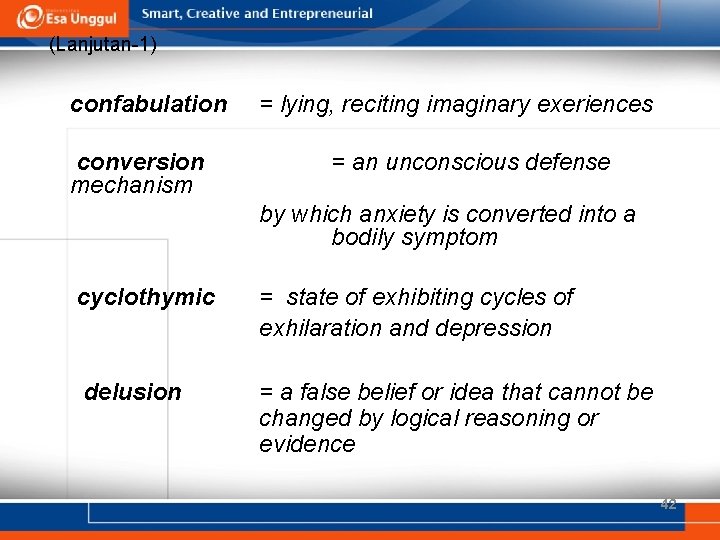 (Lanjutan-1) confabulation conversion mechanism = lying, reciting imaginary exeriences = an unconscious defense by (Lanjutan-1) confabulation conversion mechanism = lying, reciting imaginary exeriences = an unconscious defense by