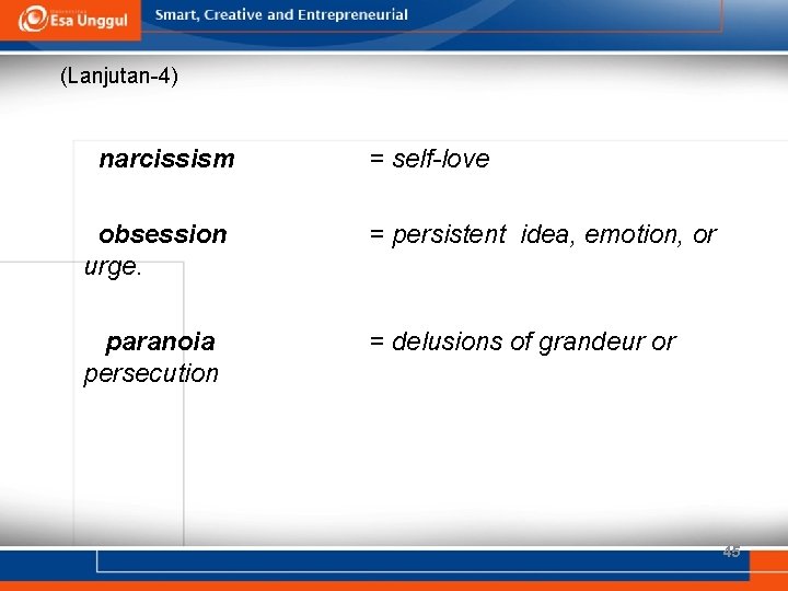 (Lanjutan-4) narcissism = self-love obsession urge. = persistent idea, emotion, or paranoia persecution =