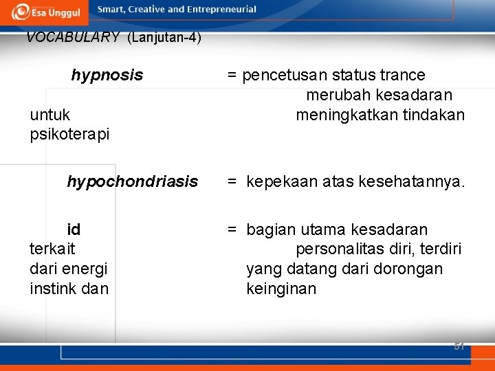 VOCABULARY (Lanjutan-4) hypnosis untuk psikoterapi hypochondriasis id terkait dari energi instink dan = pencetusan