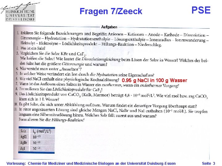 Fragen 7/Zeeck PSE 0. 95 g Na. Cl in 100 g Wasser Vorlesung: Chemie