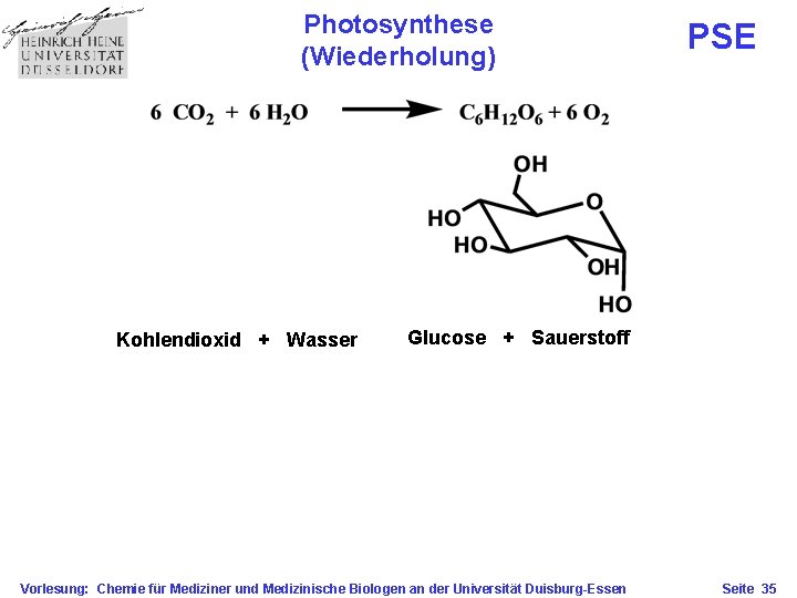 Photosynthese (Wiederholung) Kohlendioxid + Wasser PSE Glucose + Sauerstoff Vorlesung: Chemie für Mediziner und