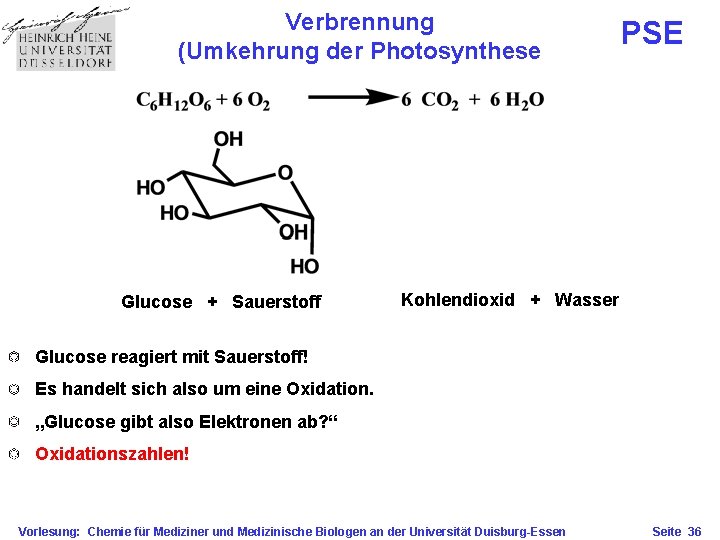 Verbrennung (Umkehrung der Photosynthese Glucose + Sauerstoff PSE Kohlendioxid + Wasser Glucose reagiert mit