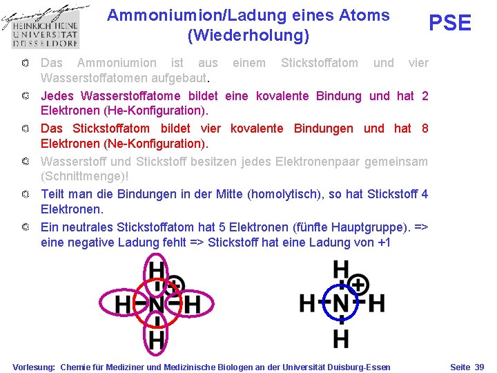 Ammoniumion/Ladung eines Atoms (Wiederholung) PSE Das Ammoniumion ist aus einem Stickstoffatom und vier Wasserstoffatomen