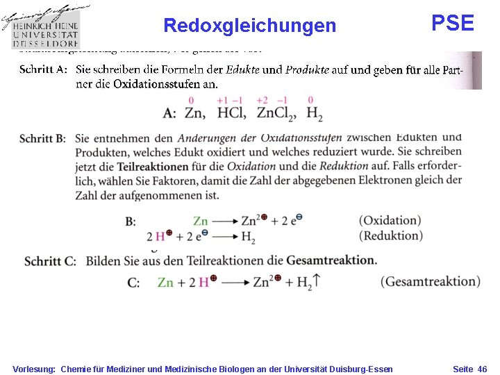 Redoxgleichungen Vorlesung: Chemie für Mediziner und Medizinische Biologen an der Universität Duisburg-Essen PSE Seite