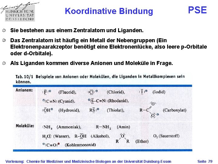 Koordinative Bindung PSE Sie bestehen aus einem Zentralatom und Liganden. Das Zentralatom ist häufig