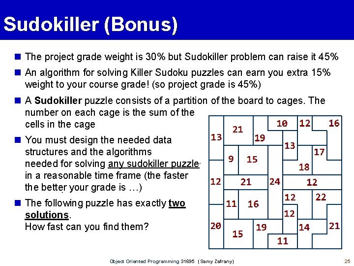 Sudokiller (Bonus) The project grade weight is 30% but Sudokiller problem can raise it
