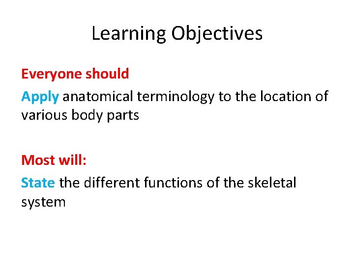 Learning Objectives Everyone should Apply anatomical terminology to the location of various body parts