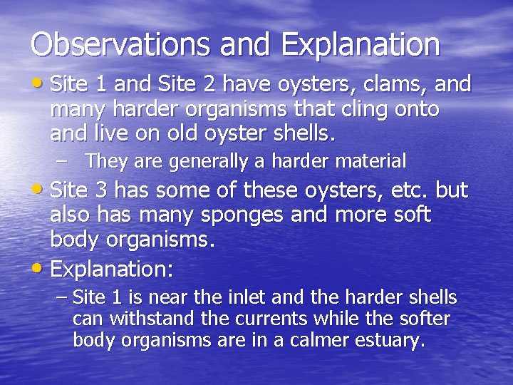 Observations and Explanation • Site 1 and Site 2 have oysters, clams, and many