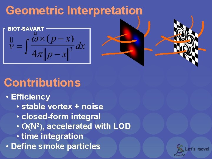 Geometric Interpretation BIOT-SAVART Contributions • Efficiency • stable vortex + noise • closed-form integral